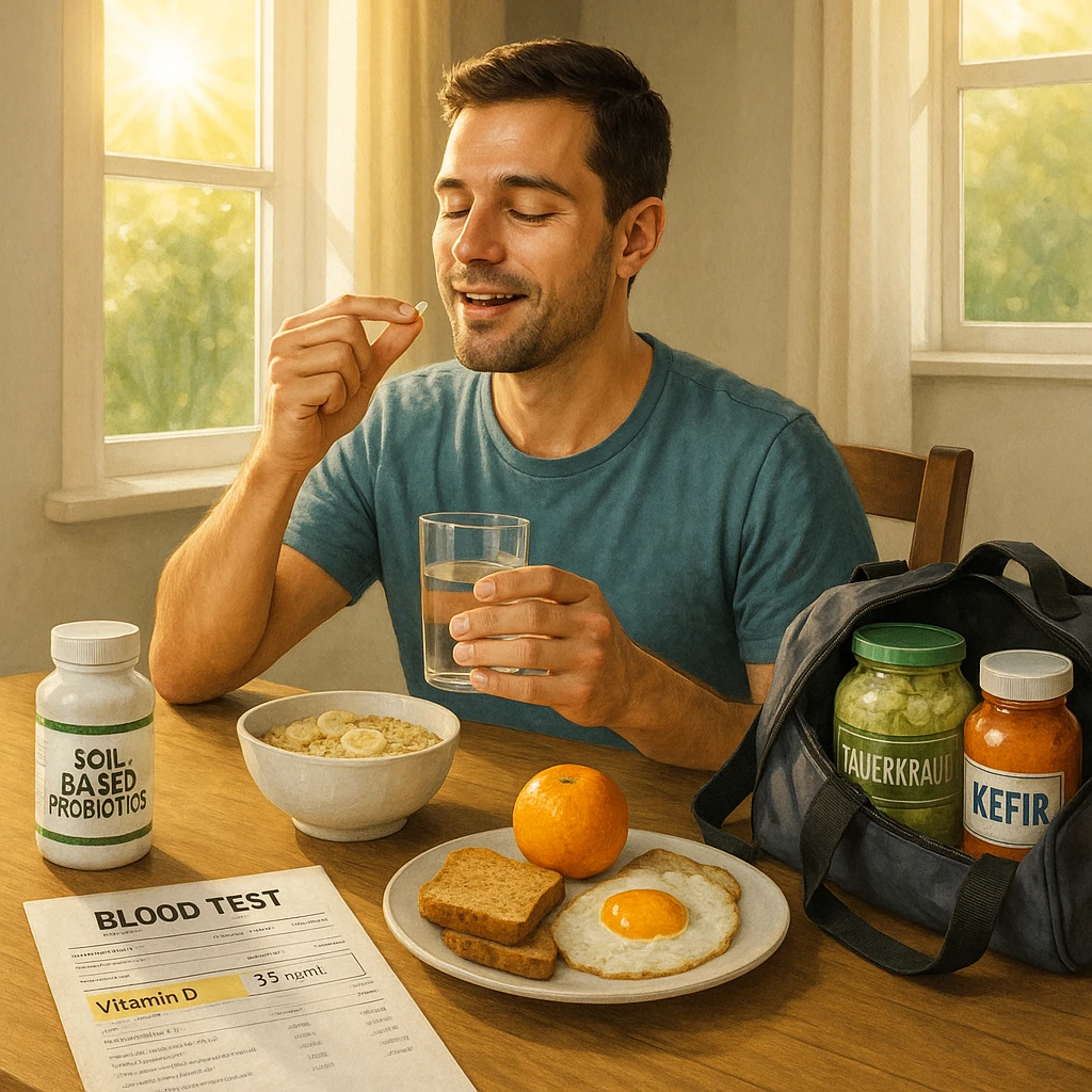 realistic wellness illustration style of a man taking soil-based probiotics with breakfast, sunlight streaming in to symbolize vitamin D, blood test results showing vitamin D levels visible on table, gym bag nearby with fermented foods visible, positive and health-focused atmosphere, bright natural lighting emoji