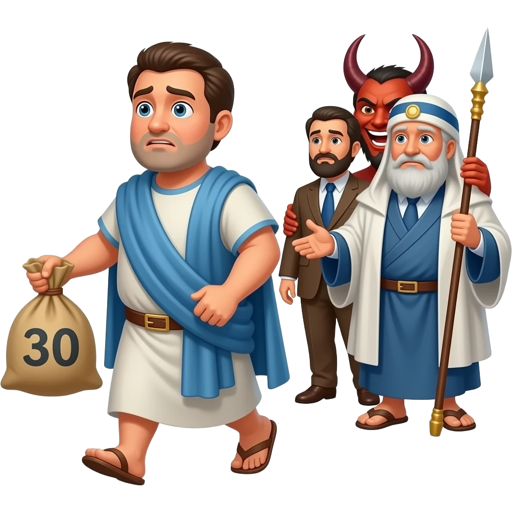 A full bodied short hair man standing  by, wearing old clothing from biblical times , holding a sack of 30 silver coins, walking away from isrealite leaders, looking nervous and Satan grinning and lurking near by emoji