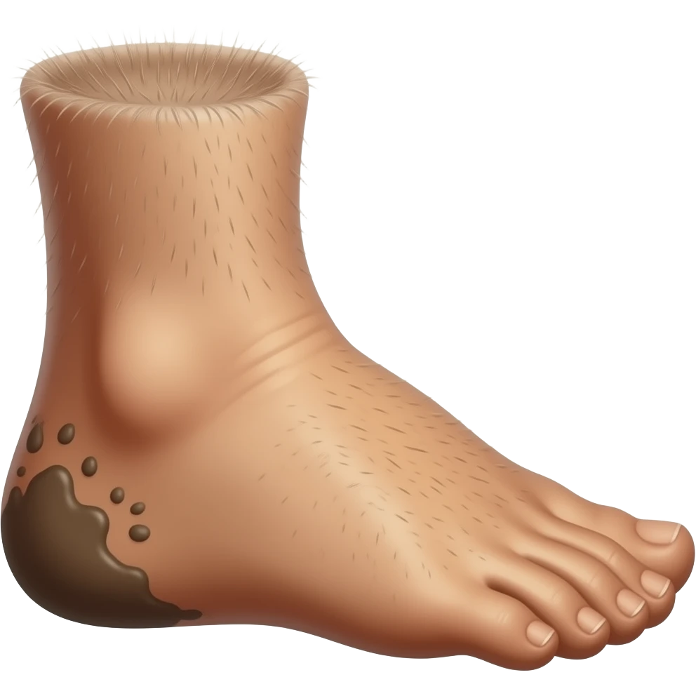 Side profile view of a hobbit foot, lightly hairy on top, slightly dirty with mud on the sole and toes, clean and simple pixel art style, transparent background emoji
