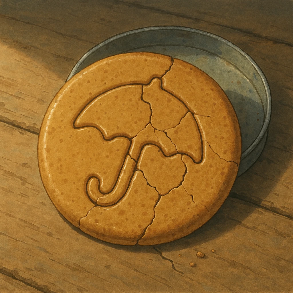 dalgona candy with umbrella shape, cracked candy, inspired by Squid Game, ghibli style emoji