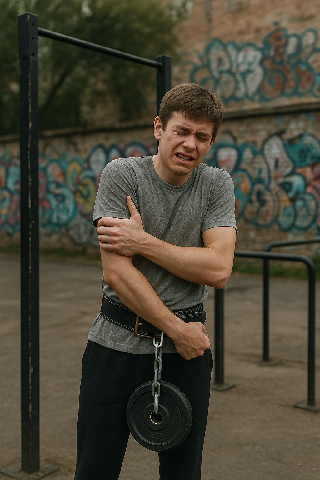 Giovane atleta neofita, fisico normale e non ancora sviluppato, si allena per la prima volta in uno spazio urbano per streetlifting: sbarra per trazioni, parallele, e pesi appesi alla cintura. Ma si è infortunato perchè non faceva le cose con la giusta tecnica. emoji