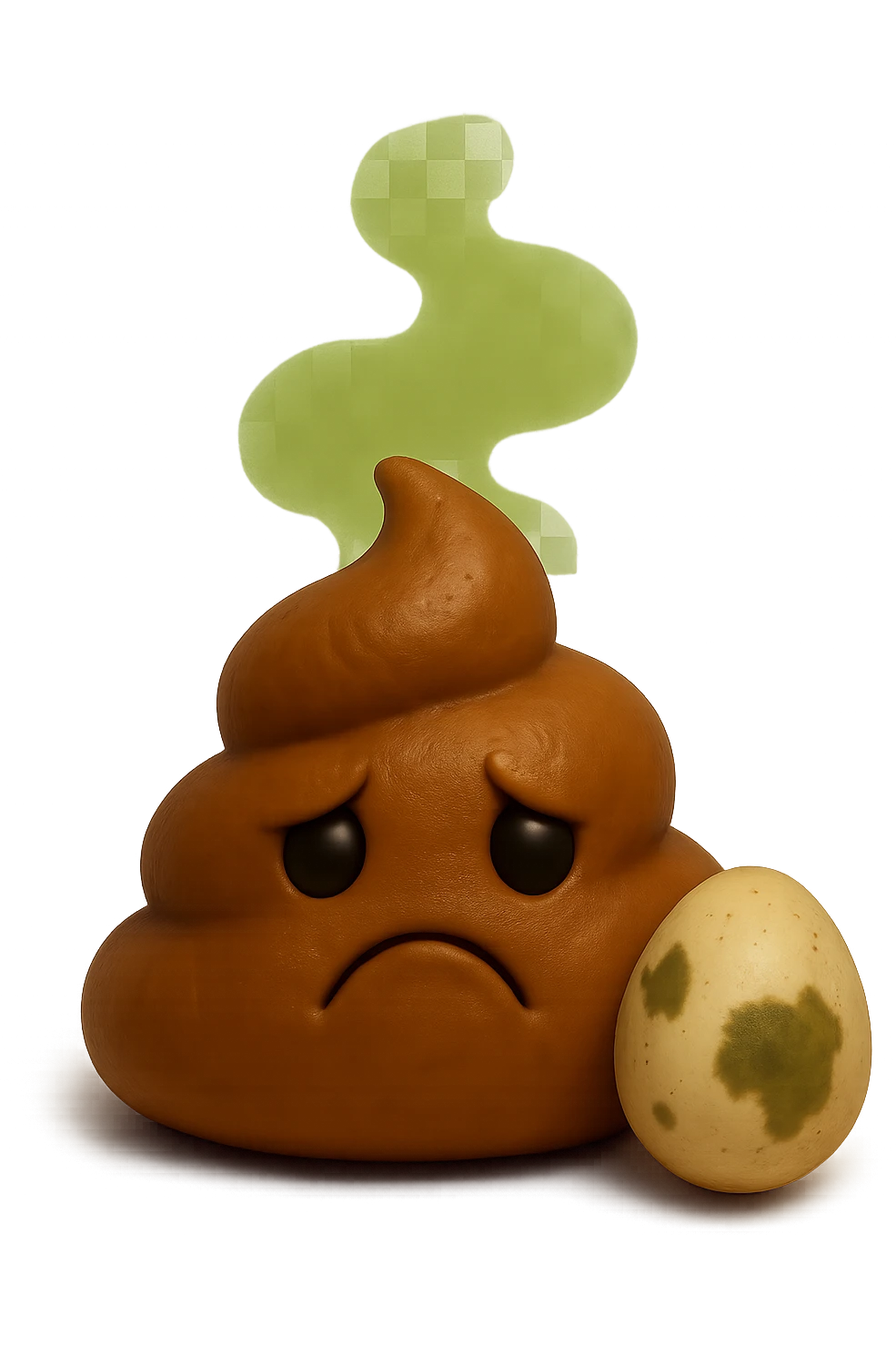emoji stile iphone feci tristi realistiche 3d con nuvoletta verde che esce simboleggiando puzza e con accanto un uovo marcio 4k
 emoji