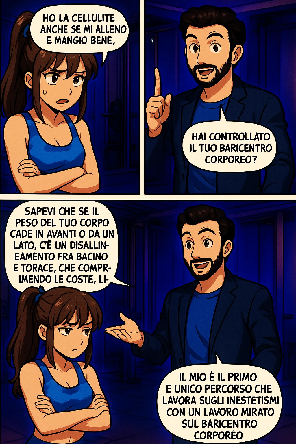 PRENDI SPUNTO DA QUESTO STILE FACENDO UN WEBTOON/MANGA:

LEI (DONNA): Ho la cellulite anche se mi alleno e mangio bene, cosa posso fare?

LUI (UOMO): Hai controllato il tuo baricentro corporeo?
LUI (UOMO): Sapevi che se il peso del tuo corpo cade in avanti o da un lato, c’è un disallineamento fra bacino e torace, che comprimendo le coste, limita la motilità del diaframma e l’ossigenazione dei tessuti?
LUI (UOMO): Il mio è il primo e unico percorso che lavora sugli inestetismi con un lavoro mirato sul baricentro corporeo. emoji