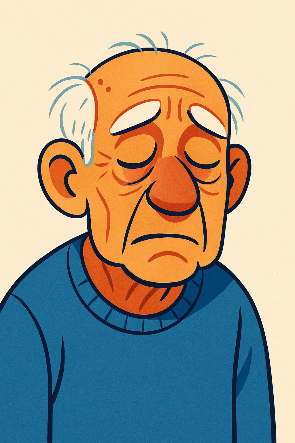 70 year old tired man, closed eyes, deep wrinkles, sparse white hair, soft cartoon style, light background emoji