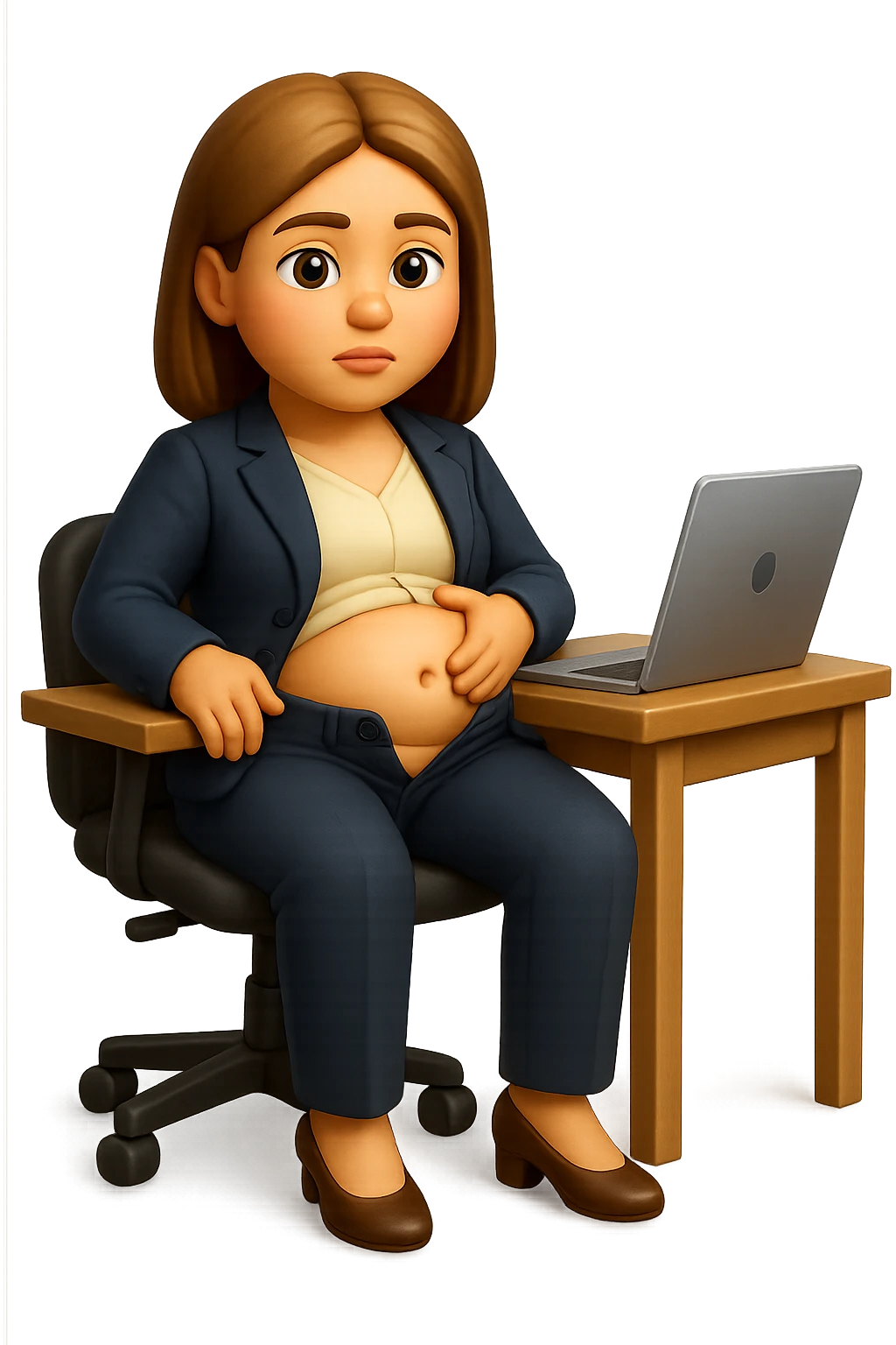 emoji stile iphone di una donna seduta alla scrivania dell'ufficio in completo elegante con i pantaloni sbottonati perché ha la pancia gonfia, falla a corpo intero, iperrealistico 4k emoji