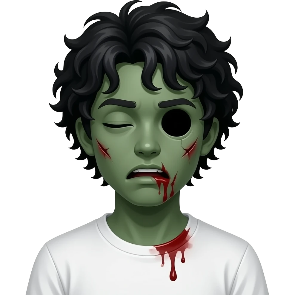 low quality, dark green skin zombie, black long curly 3c type hair, mouth slightly open with blood leaking out of mouth, wounds and on zombie, white regular tee shirt, a young teenager, no wrinkles on face at all, eyes blacked out all the way with one eye shut, bloody cuts, one eye shut emoji