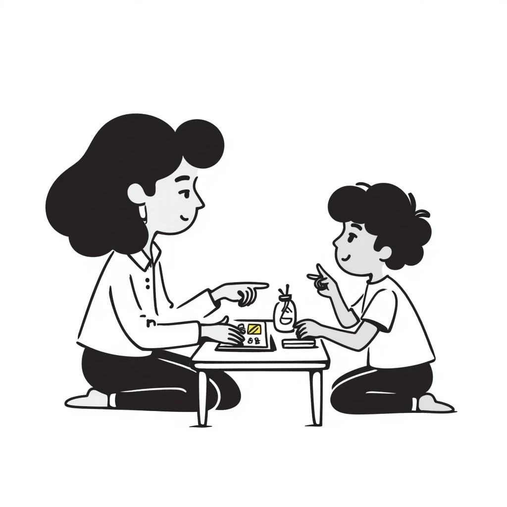 educator or speech therapist with child, who helps child with lessons emoji