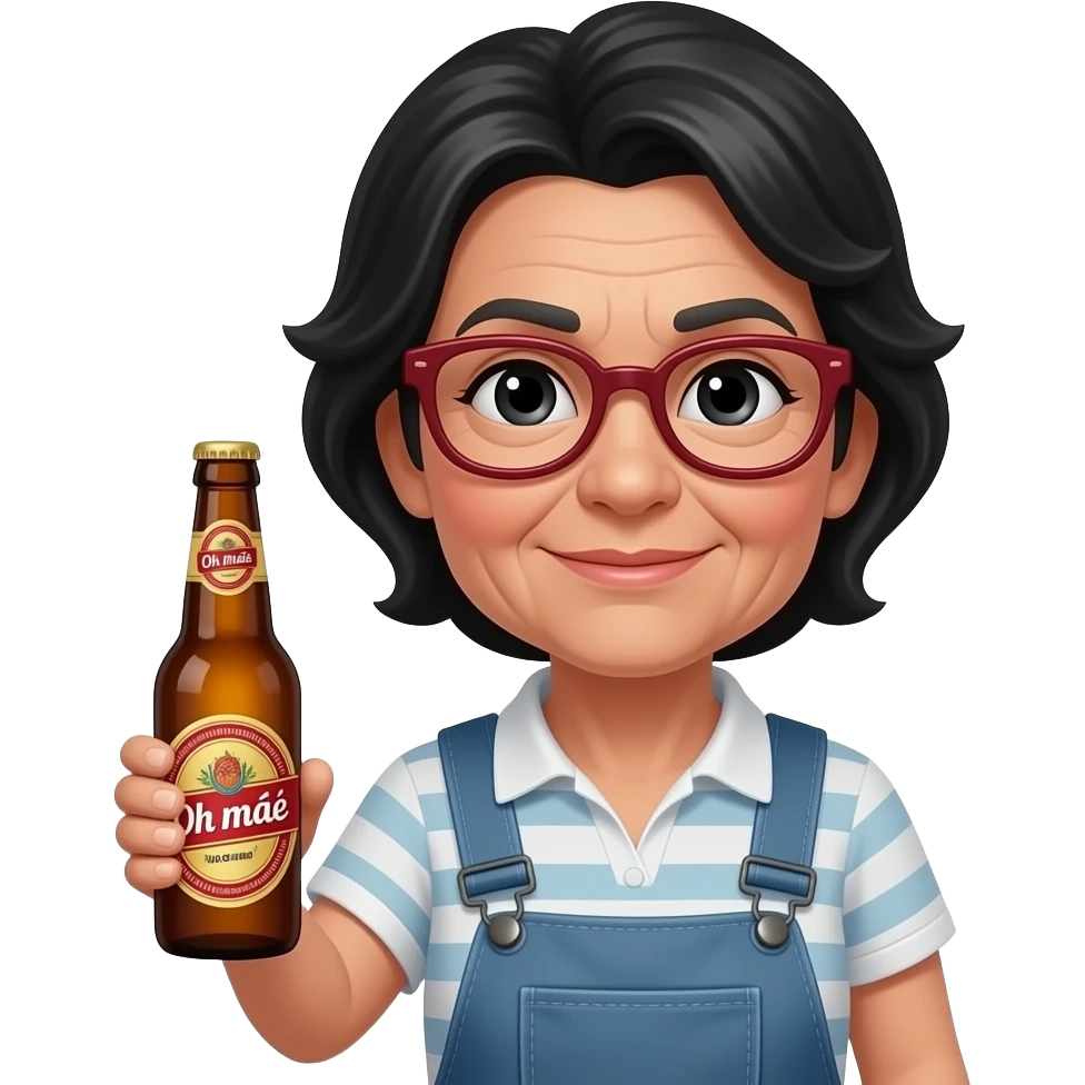 mulher, 67 anos, cabelo preto, olhos pretos , de óculos vermelhos escuros, a segurar garrafa de cerveja com logo a dizer "Oh mãe, há só uma!" em português emoji