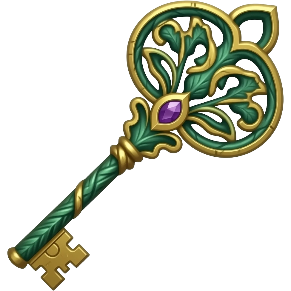 An intricate enchanted key in aged gold and deep green, shaped with botanical filigree, vine-like curves, and a small violet gemstone at its center, rendered in a sophisticated botanical fantasy style. emoji