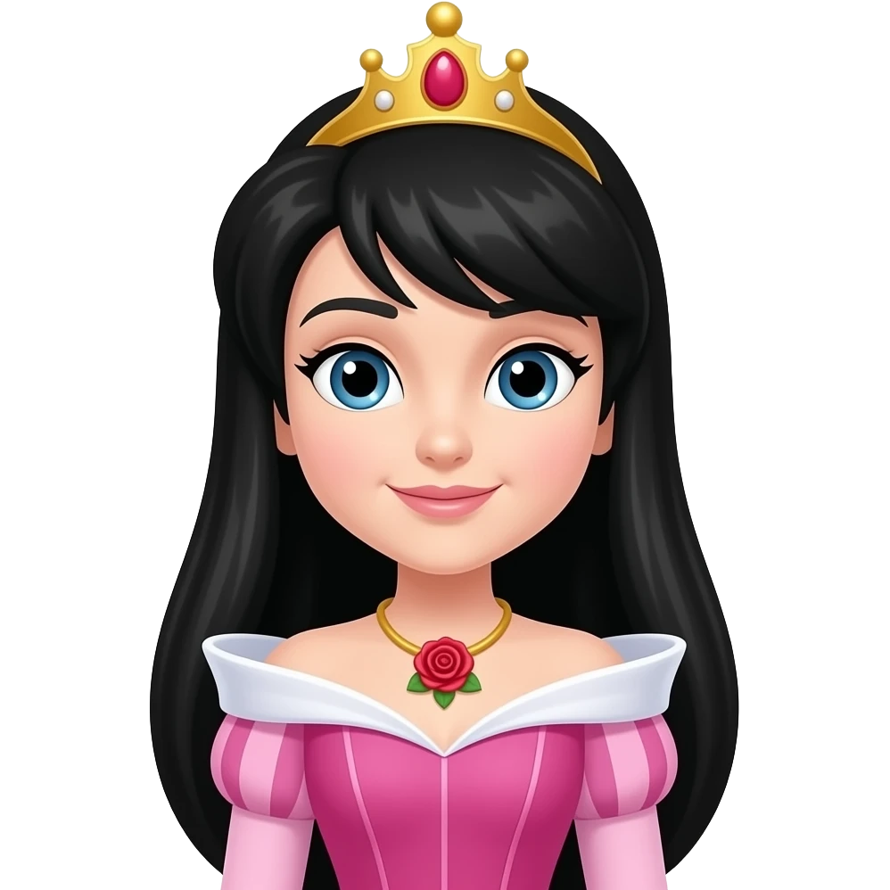 Princess Aurora but the hair is black. Then change the necklace into a red rose necklace the dress should be a pink one like sleeping beauty. Can you straighten the hair. And make the face a little rounder. Put a crown emoji