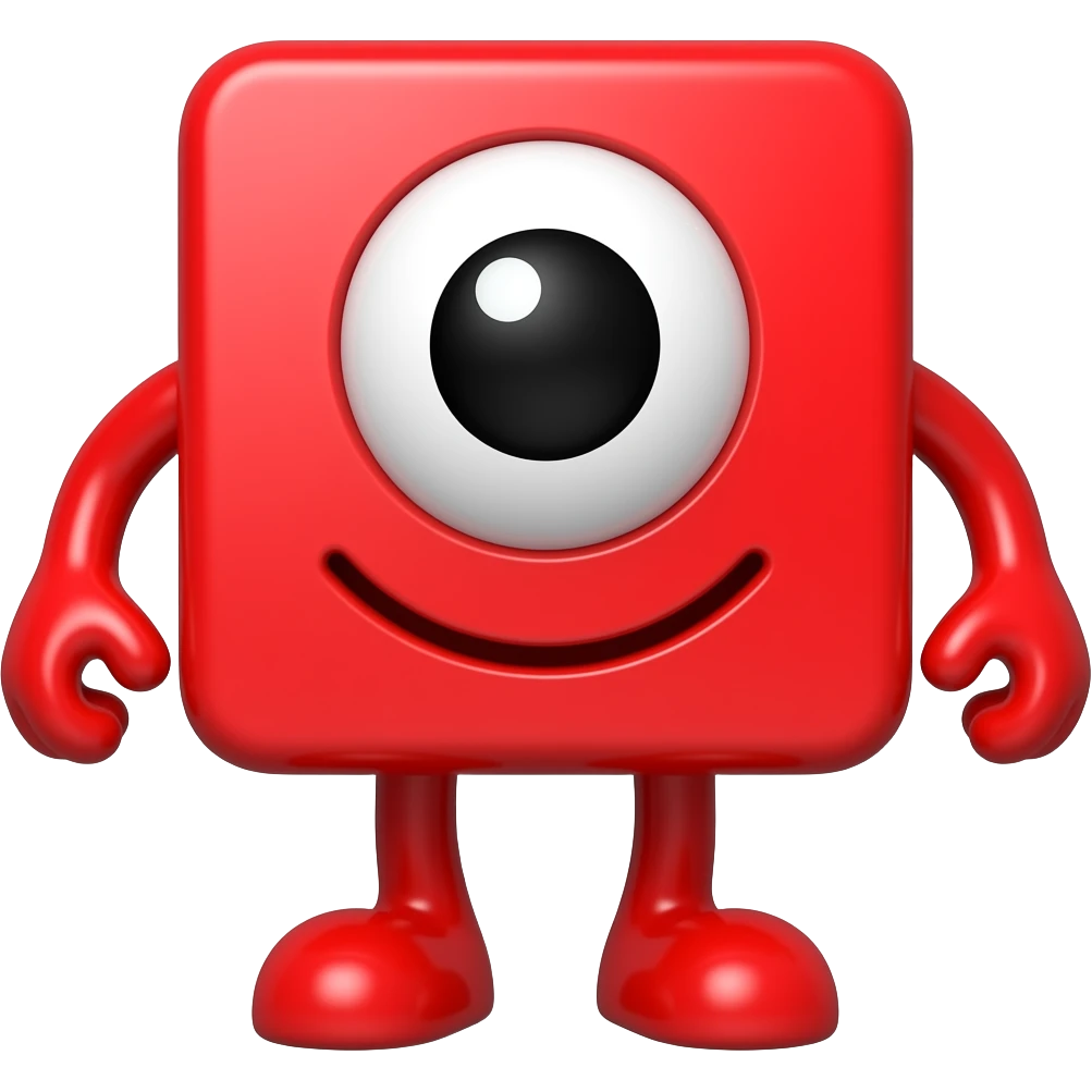 A red block with red feet, red arms and a circular cute eye with a big smile emoji
