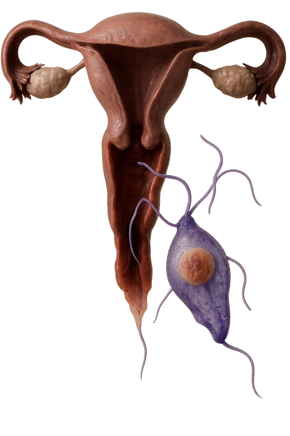Trichomonas vaginalis che esce da un utero umano anatomico, iperrealistico 4k, non disegnato emoji