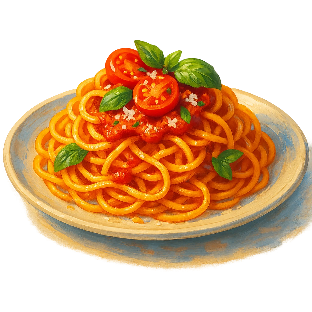 В слега рисованном, но при этом ярком и объемном стиле сгенерируй картинку сочной итальянской пасты, профессионально выставленный свет, который подчеркивает объем, прозрачный фон emoji