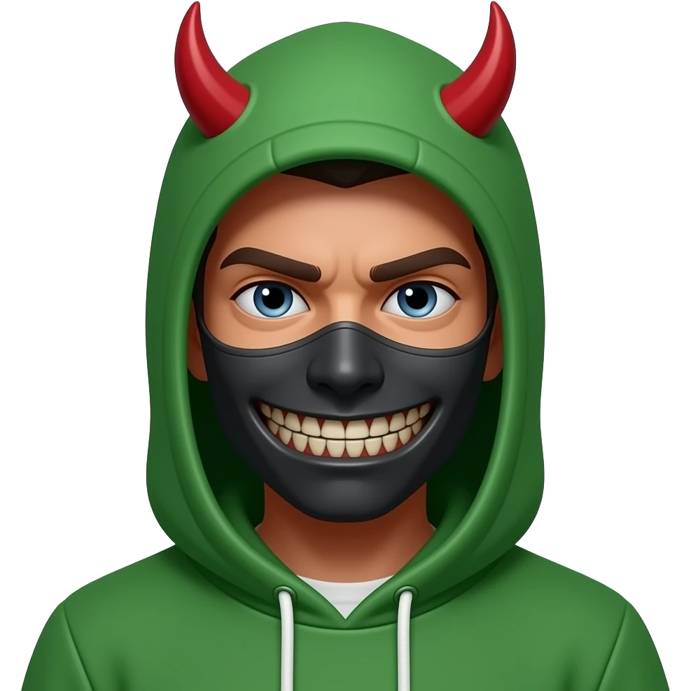 Green hoody and irony mask on face looks like devil's some realistic more realistic emoji