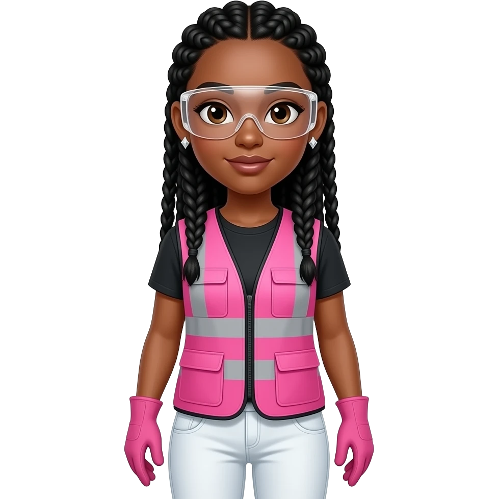 light skin woman with brown eyes with long black box braids wearing diamond earrings wearing pink and clear safety glasses wearing a pink construction vest wearing white pans wearing pink construction vest wearing white pants wearing pink construction gloves emoji