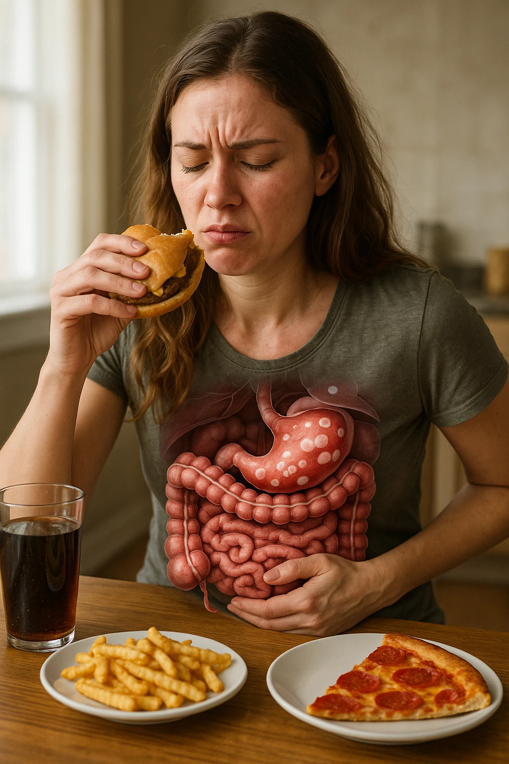 donna con candida intestinale realistic mangia cibo ultraprocessato che fa crescere la candida intestinale emoji