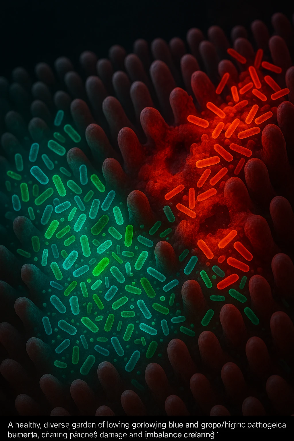 Scientific visualization of a man's intestinal lining. A healthy, diverse garden of glowing blue and green probiotic bacteria is being overtaken and outnumbered by aggressive, inflammatory red and orange pathogenic bacteria, creating patches of damage and imbalance. Dark, clinical background. emoji