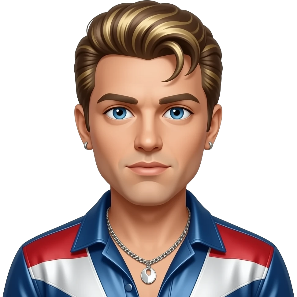 Vanilla Ice with white skin, blue eyes, golden brown elvis hair with blonde highlights, red, white and blue metallic shirt, silver necklace and short earrings emoji
