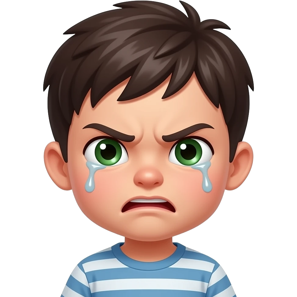Little slim dark haïr boy with dark green eyes with has h with very angry face, crying emoji