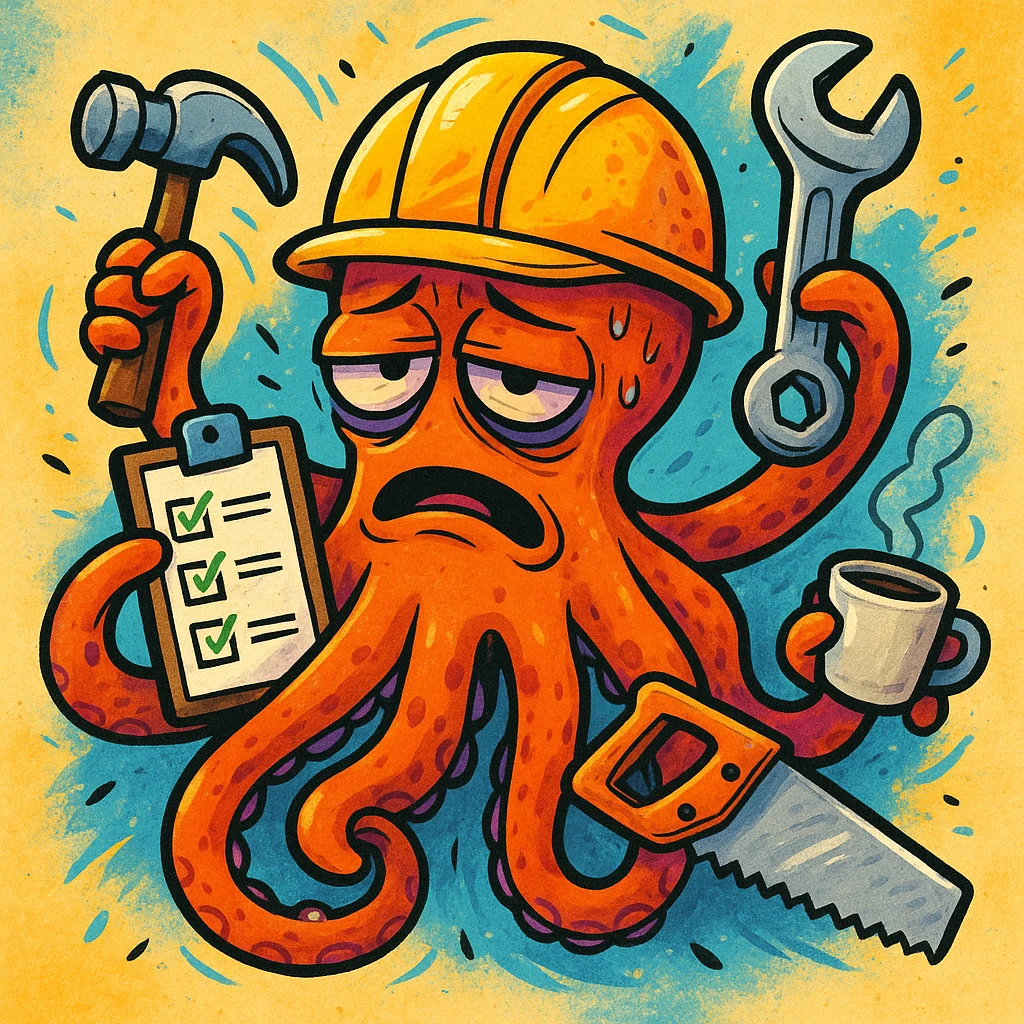 A cartoon octopus worker wearing a helmet, looking exhausted. The octopus holds a hammer, checklist, wrench, saw, and coffee cup in its tentacles, showing a sense of being overworked and rushed, vibrant and expressive illustration. emoji