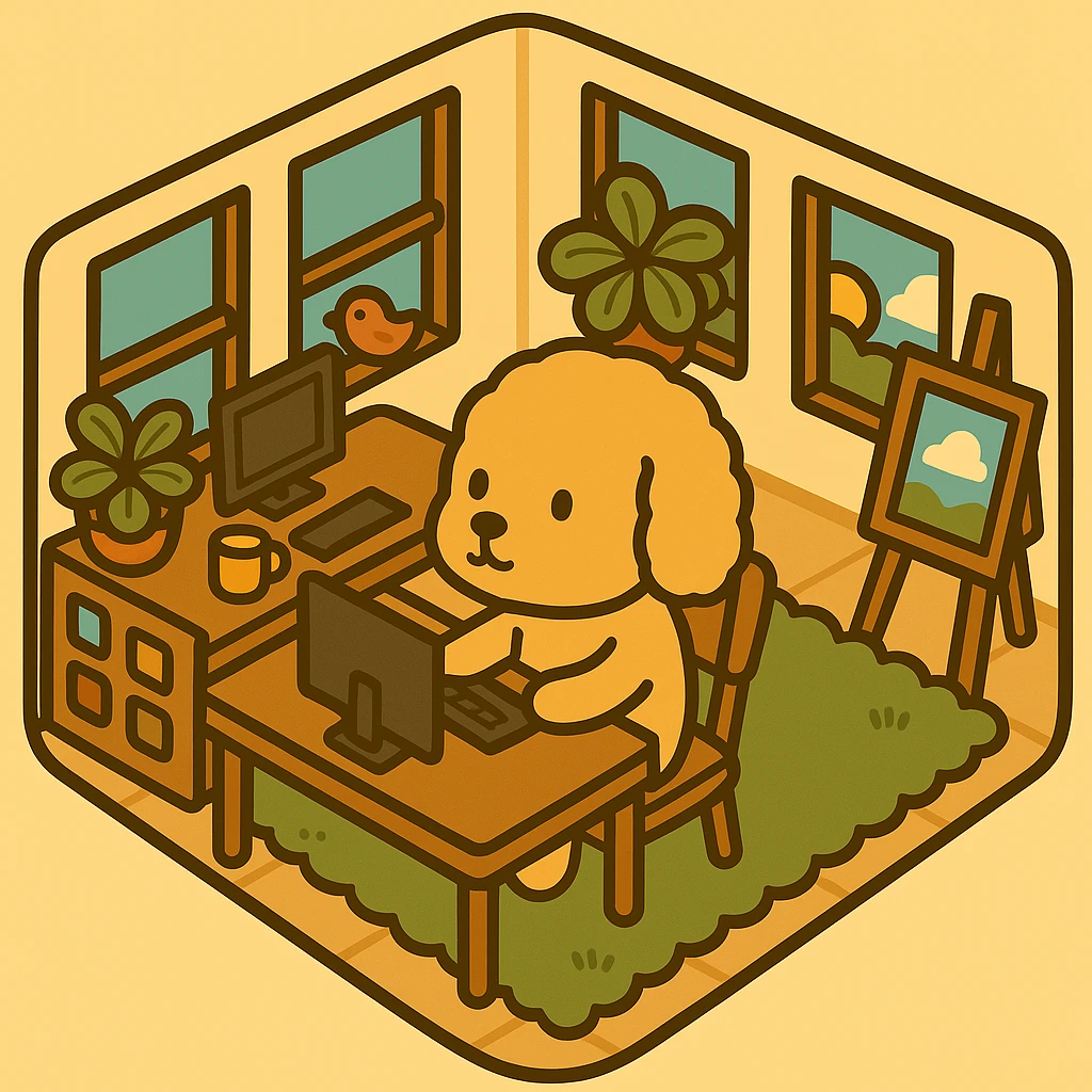 Edit the illustration to place the dog using the computer that is on the table behind him, maintaining the original illustration style and composition. emoji
