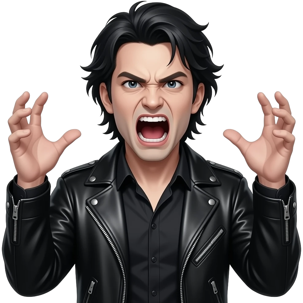 Angry screaming gothic dark haired man in leather clothesthrowing tantrum emoji