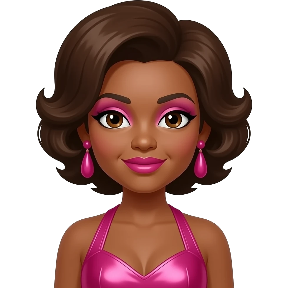 Rosalind Ashford from Martha and The Vandellas with dark brown eyes, brown beehive hair, pink eyeshadow, hot pink lipstick, hot pink metallic halter dress, pink earrings emoji