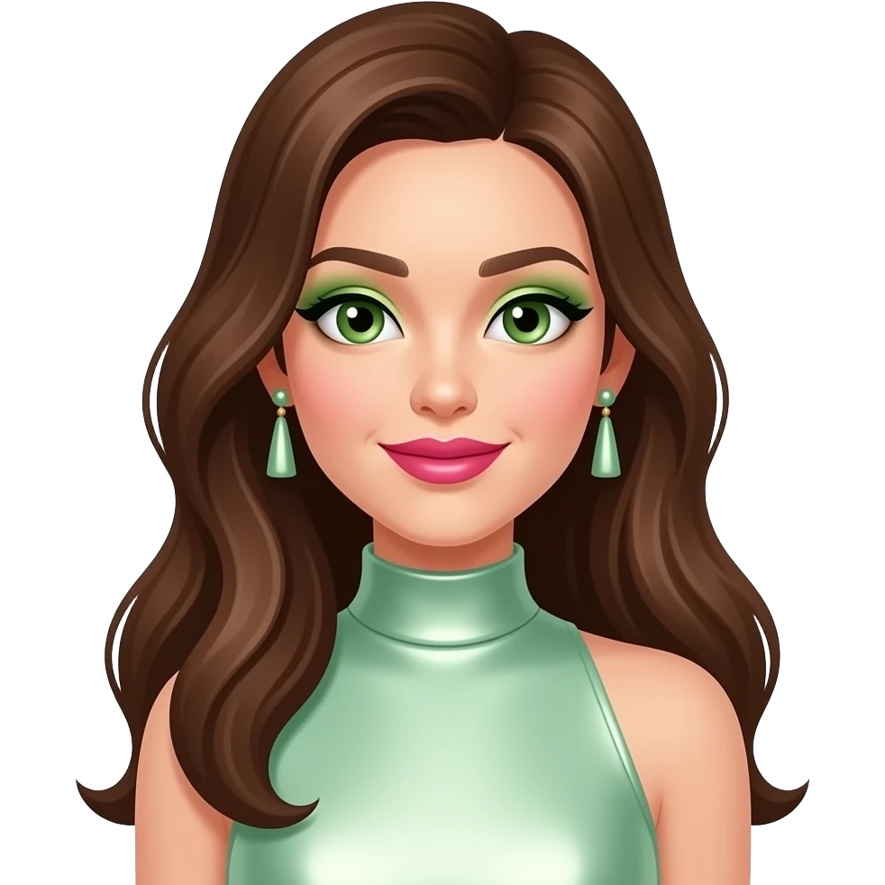 Hannah Stocking with green eyes, long brown hair, light green eyeshadow, hot pink lipstick, light green metallic high neck dress, earrings emoji