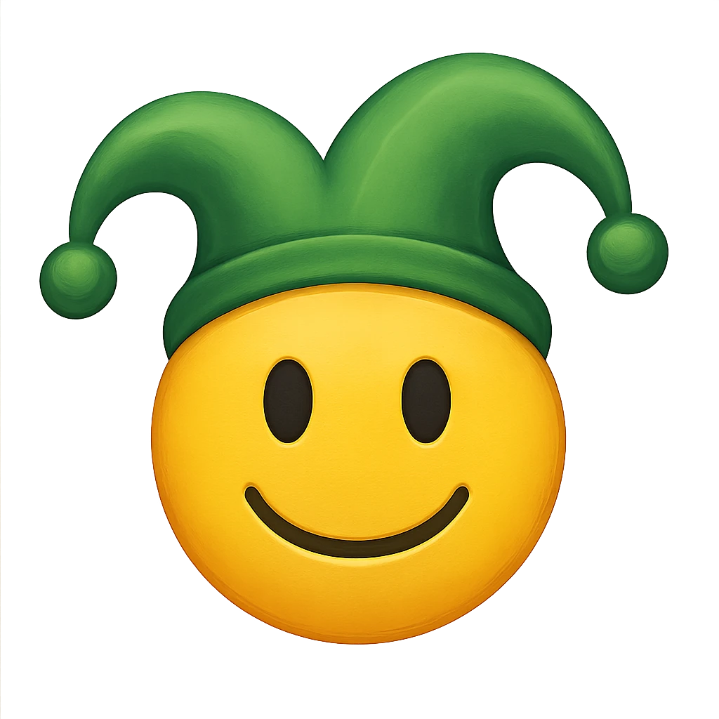 yellow face with green jester hat emoji, digital illustration emoji