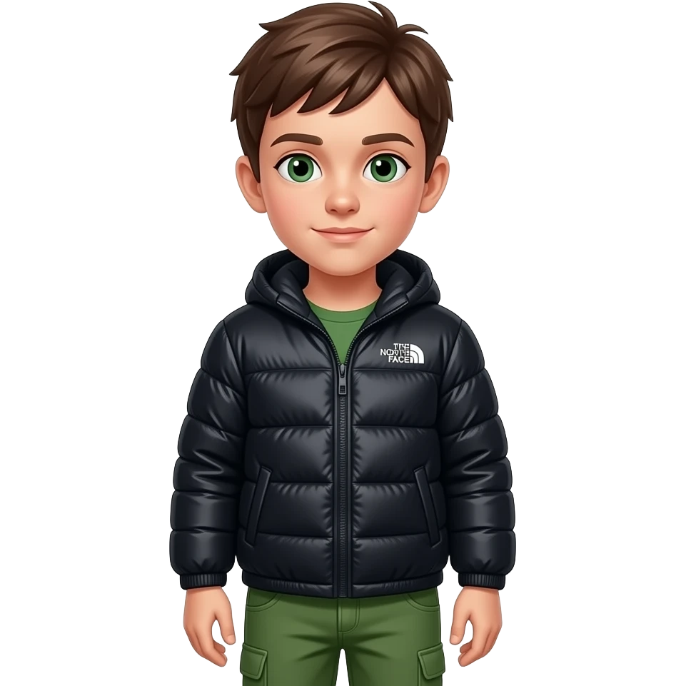 Un niño con un jersey negro, su cara es normal i su nariz también, ojos de color verde pantalones también verdes i el pelo de color marron i que el jersey se a north face emoji