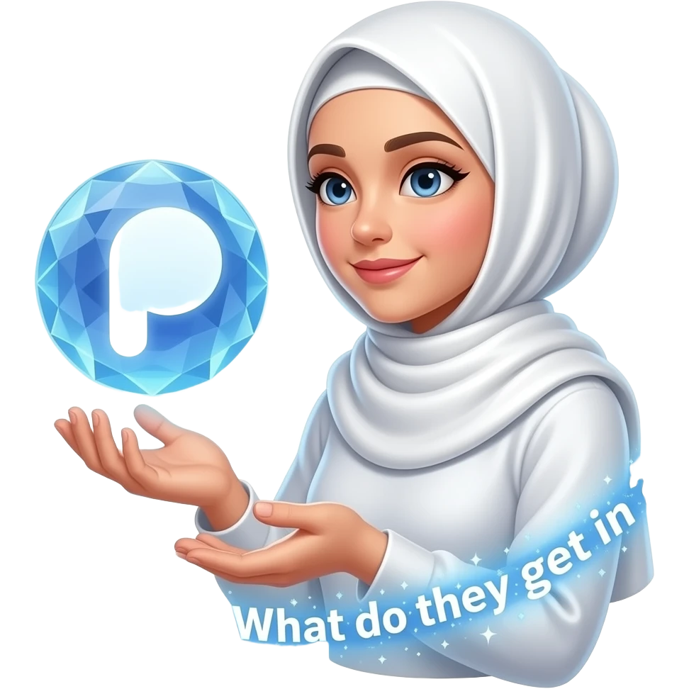 A beautiful woman in a pearl-white satin hijab flying her left around a glowing Patreon logo made of crystalline light. Swirling trails of celestial energy and stardust surround her hands, shiny light text: 'What do they get in?'. Isolated on white, soft pastel colors, 3D icon style, ultra-detailed emoji