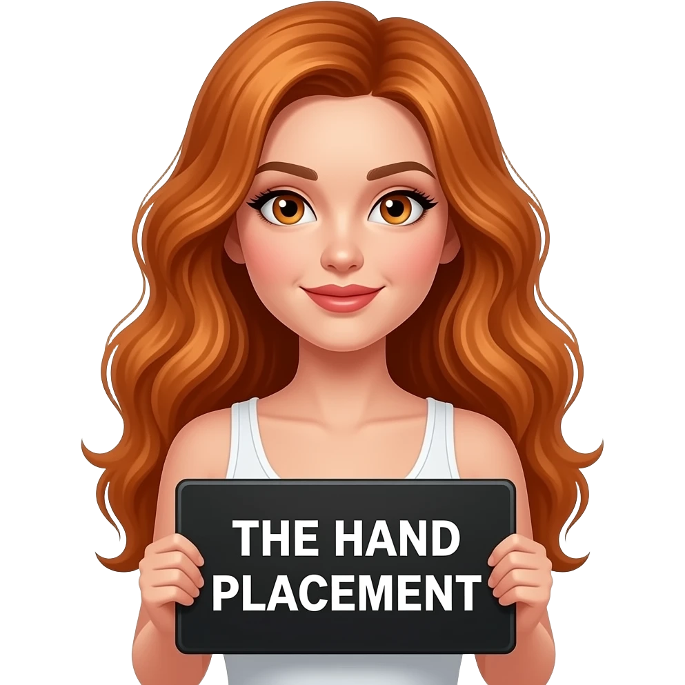 sexy girl with long wavy ginger hair and ginger eyes wearing a white tanktop is holding a black colored sign with THE HAND PLACEMENT written on it emoji