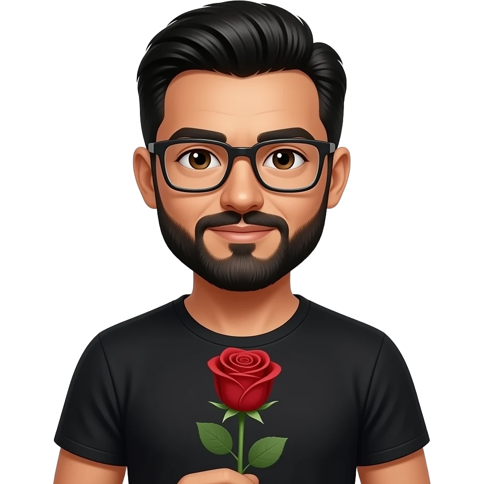 black slick back hair, tan skin, black beard, with squar glasses, brown eyes, black tee shirt, with a roses in hand emoji