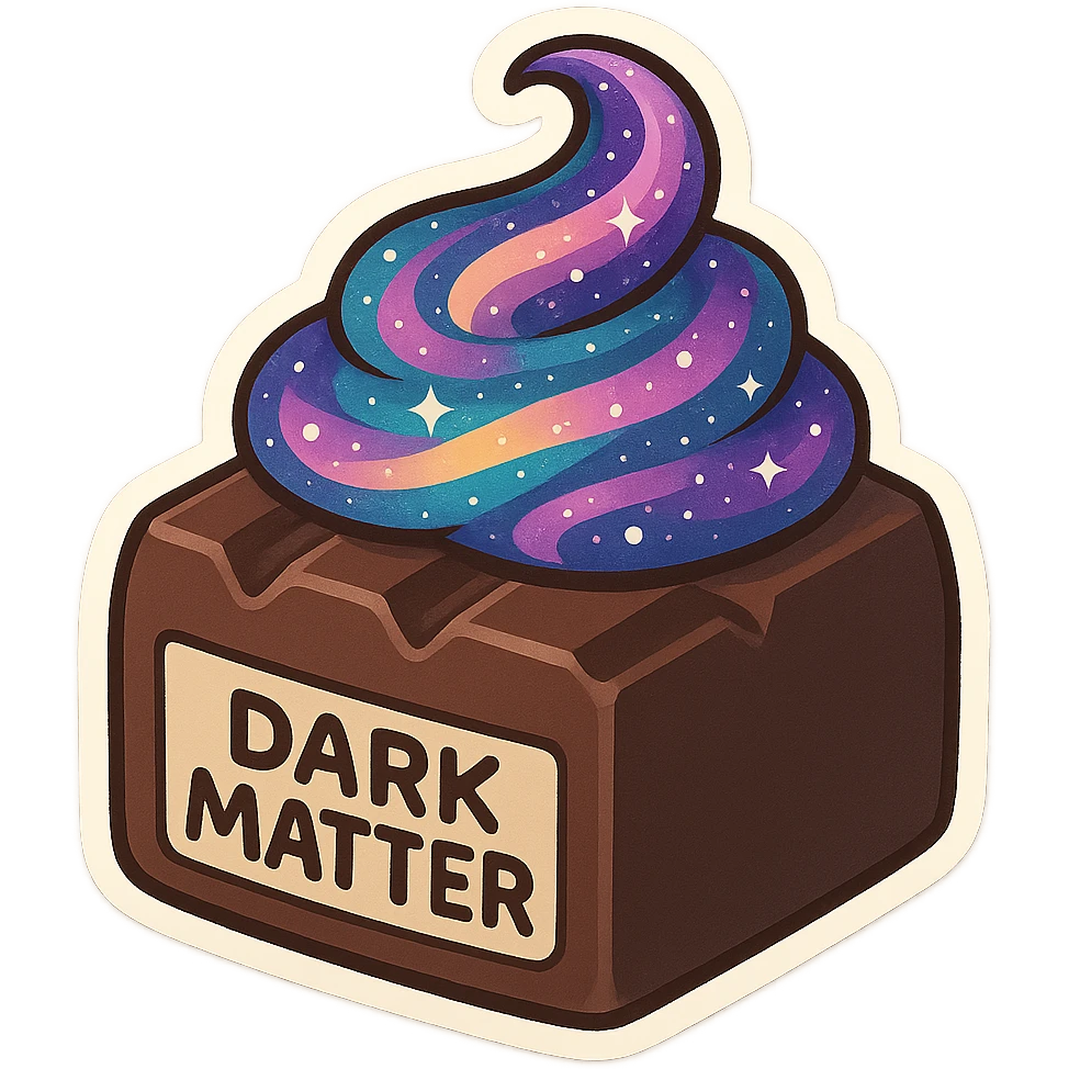 fun whimsical style piece of dark chocolate labeled 'Dark Matter', topped with a swirling colorful galaxy pattern representing Nutella emoji