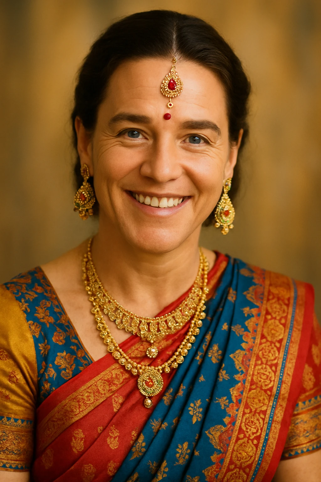 a famous Western celebrity reimagined as an Indian person in traditional attire, vibrant colors, friendly expression emoji