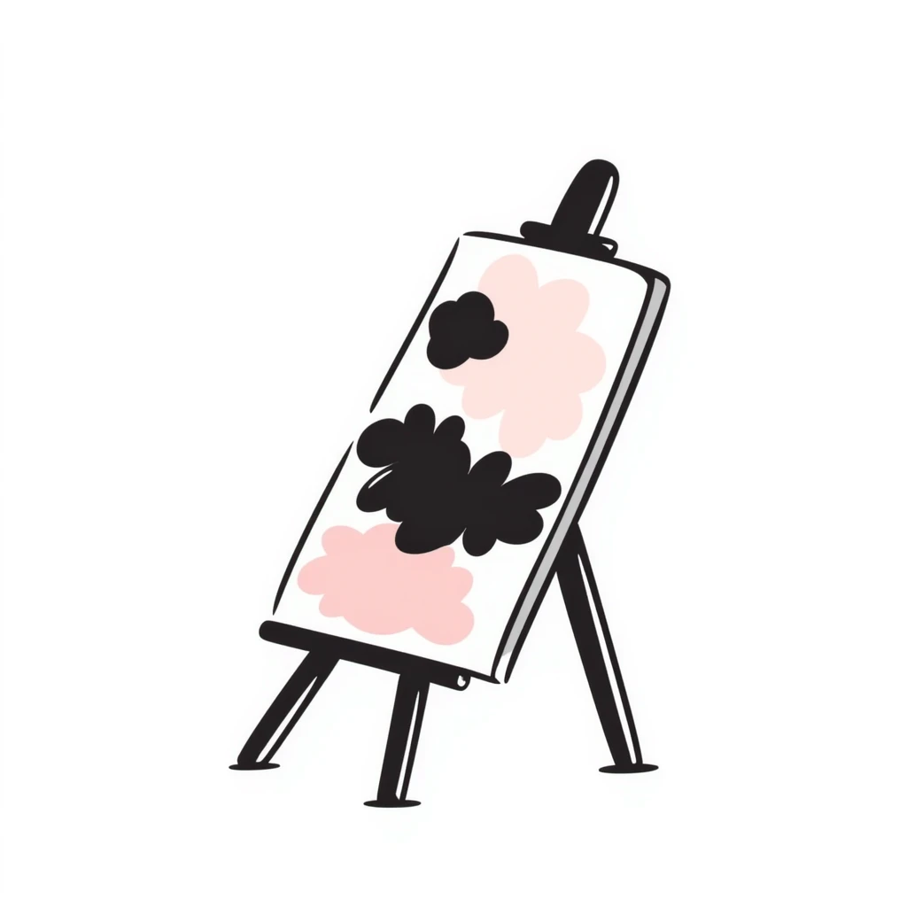 A wooden artist easel/painter's easel with a canvas in pastel colors (dd9fb0, ffc6d3, a3bfc9, c4bee2, f1b091), hand-drawn doodle style emoji