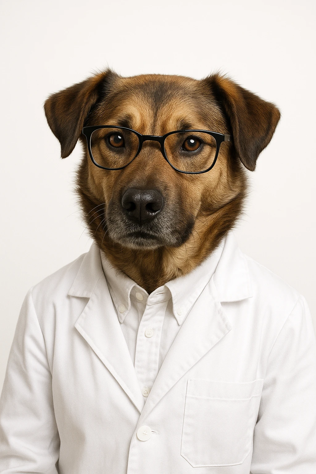 realistic scientist dog wearing a lab coat and glasses, white background emoji