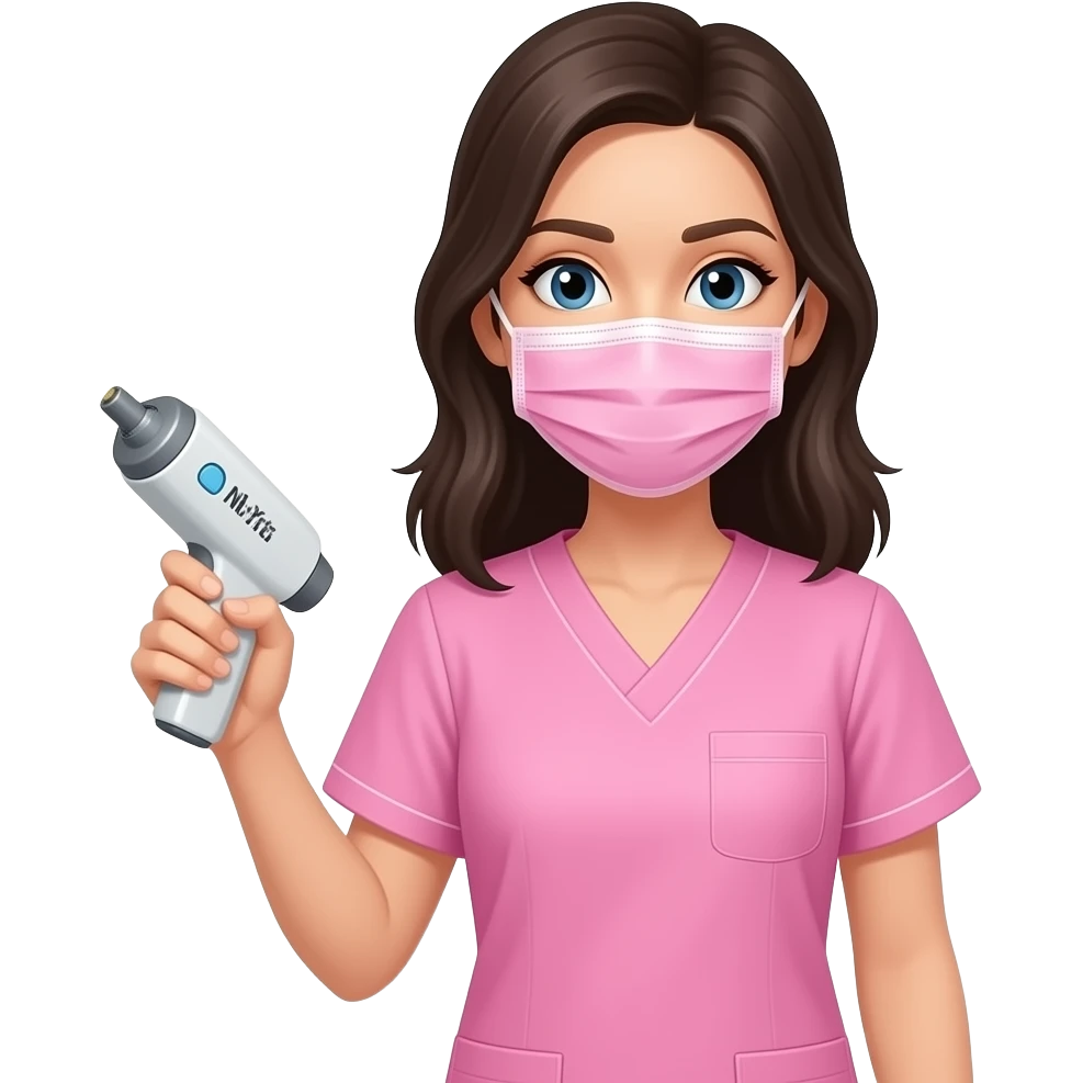 mejer-joven-de-cabello-oscuro-y-piel-clara-con-uniforme-medico-rosado-del-torso-hacia-arriba-debe-llevar-tapabocas rosado con laser nd yag en la mano emoji