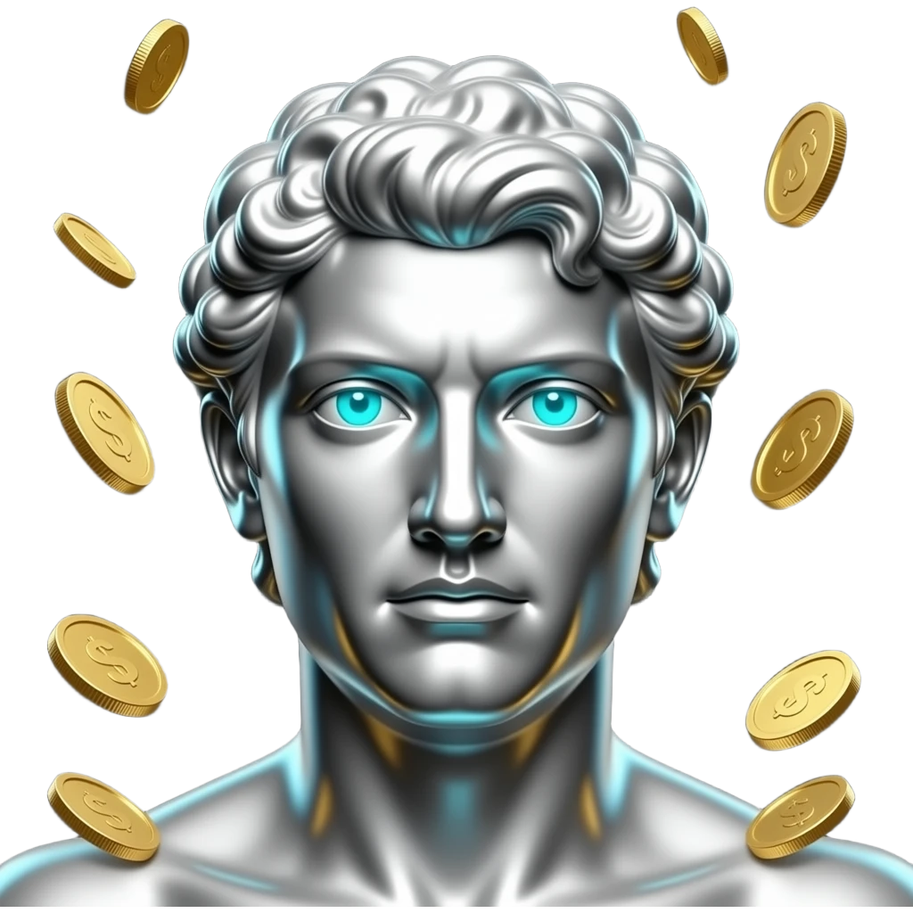 A polished chrome stoic Greek statue head with glowing cyan (#00D4B1) eyes, dark background. Metallic reflections with subtle cyan light accents. with gold coins falling in the background emoji