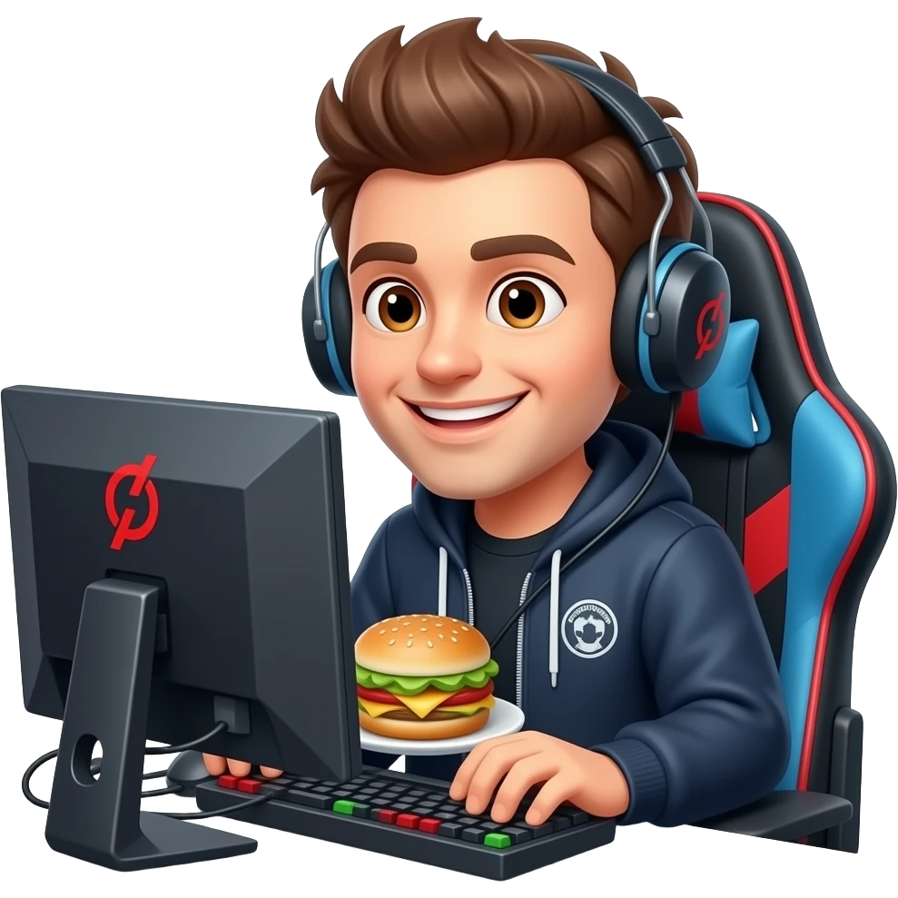 Блинчик еда сидит за игровым пк и играет, он улыбается emoji