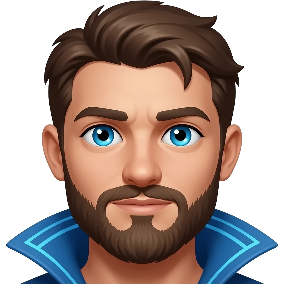 Blue Magic Mage with Glowing blue eyes close up to face Caucasian with a brown Goatee beard young 26 years old emoji