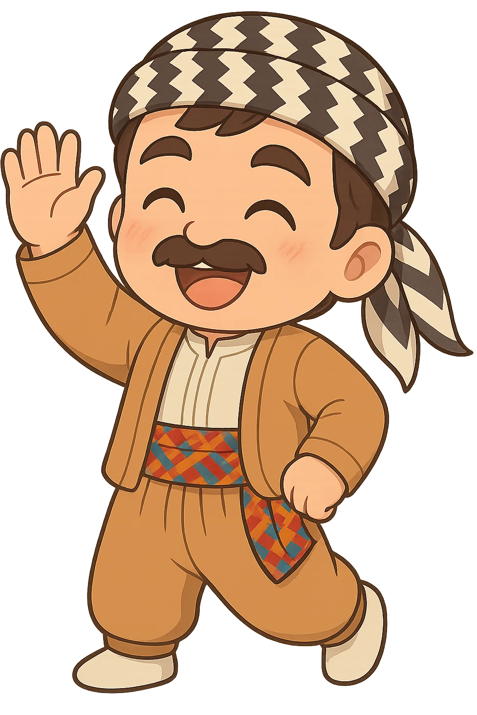 Create a chibi Kurdish cartoon sticker based on the reference image, showing a farewell (waving goodbye) expression, with a transparent background. emoji