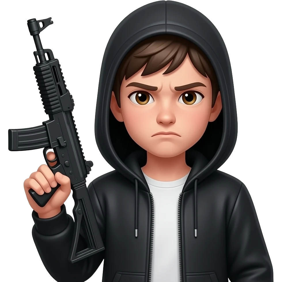 17 year old frowning teenager with black hoodie and hood over head and uzi in hand emoji