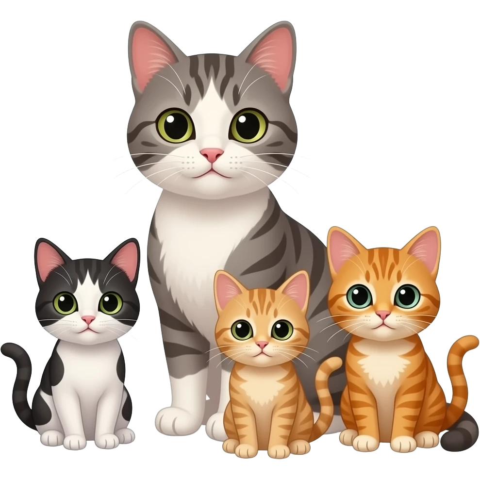 quattro gatti: una mamma con tre gattini (uno solo rosso) emoji