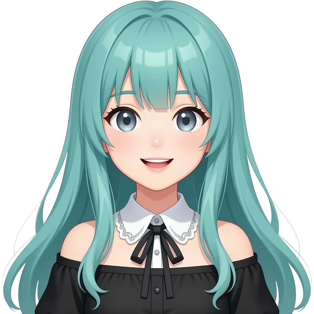 anime girl,happy,  long flowing teal hair, grey eyes, black shoulder blouse with fancy white collar emoji