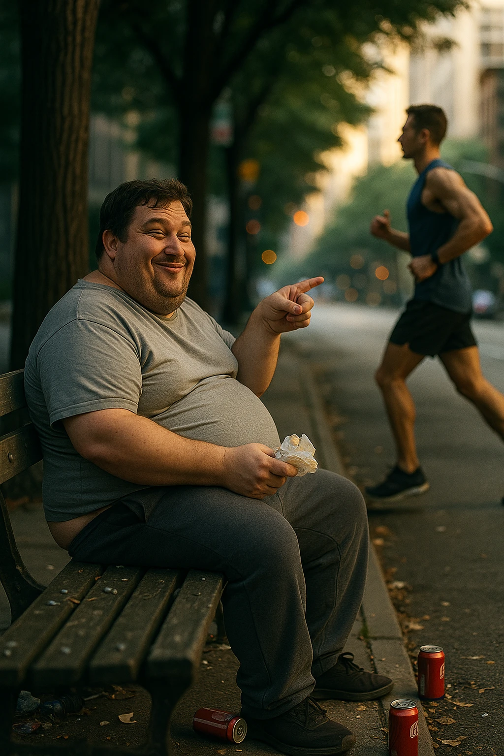 A cinematic urban scene showing an overweight man in his late 30s sitting on a park bench, with a fast food wrapper in one hand and a smirk on his face. He points mockingly toward a fit, athletic person jogging nearby. The man is wearing casual clothes that barely fit — a stretched-out T-shirt and sweatpants — and his posture is slouched. His expression is sarcastic, laughing, but there’s a subtle shadow of insecurity in his eyes. The contrast is clear: the jogger is framed in soft morning light, moving with energy and purpose, while the man on the bench is surrounded by clutter, soda cans, and dim, flat lighting. Shot in 35mm cinematic style, shallow depth of field, with muted tones around the man and vibrant light around the jogger — emphasizing the disconnect between appearance and attitude. emoji