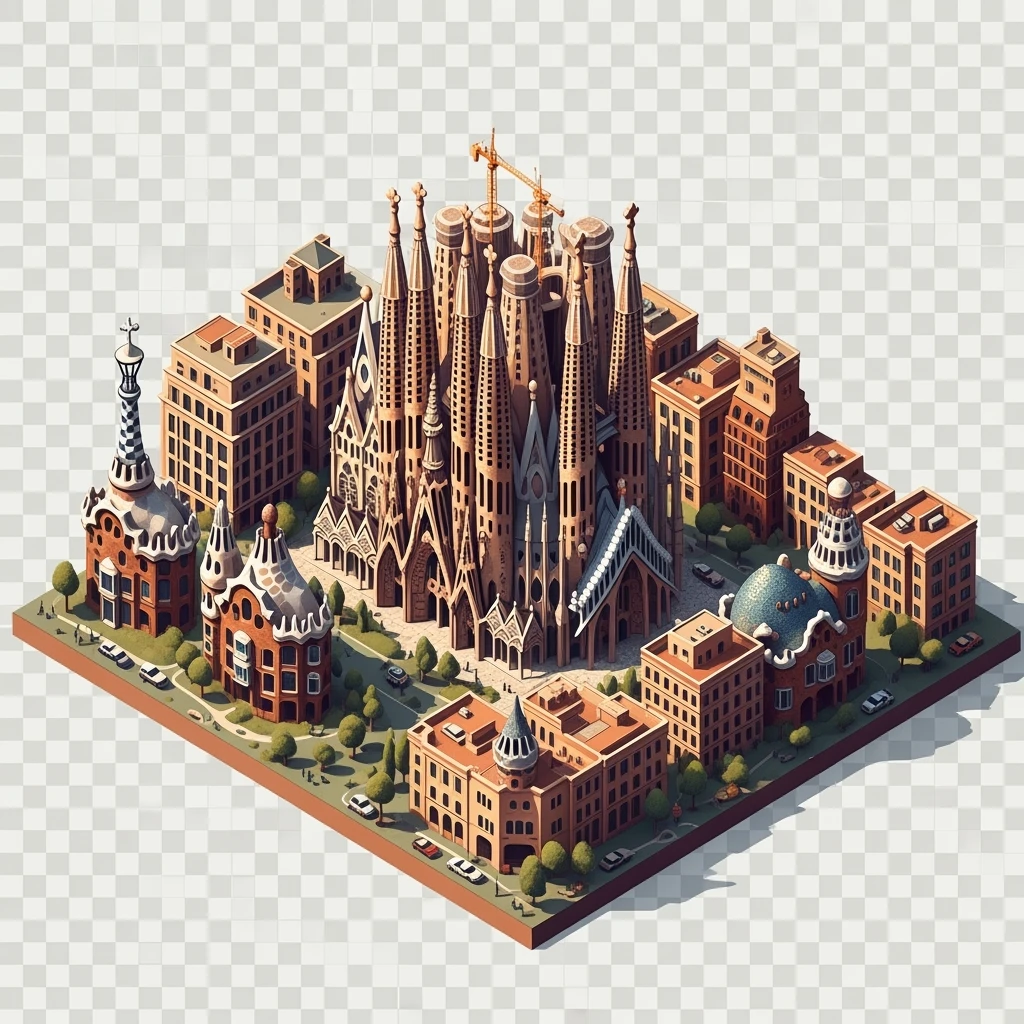 Isometric illustration of Barcelona, featuring Sagrada Familia with intricate spires, highly detailed in semi-realistic style, balanced between stylized and realistic, 3D miniature effect, transparent background. emoji