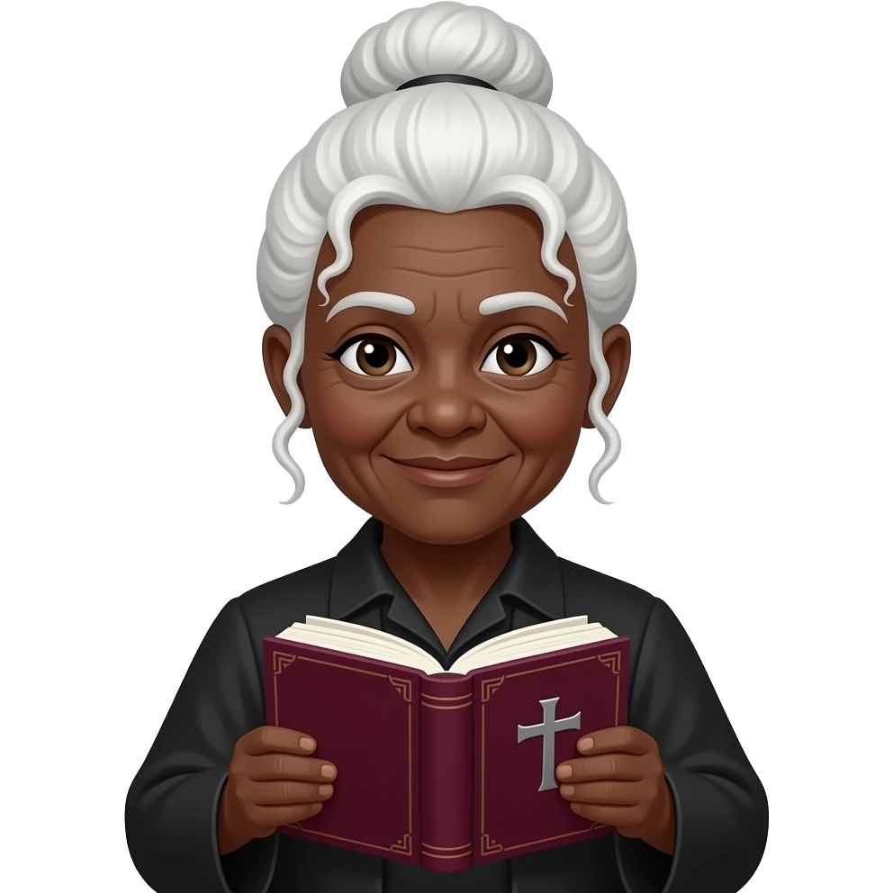 wise old woman with white hair tendrils in a bun black skin with burgundy book that has a cross on it emoji