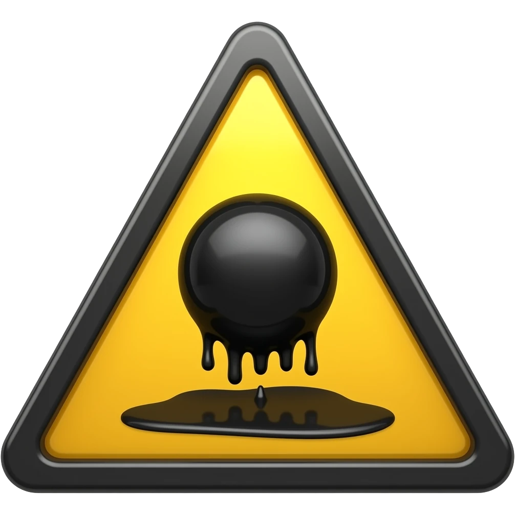 A detailed photograph of a yellow triangular warning sign with a black border, featuring a dripping black sphere.
The highly glossy black liquid pools and drips within the sign's inner area, isolated against a dark background. emoji