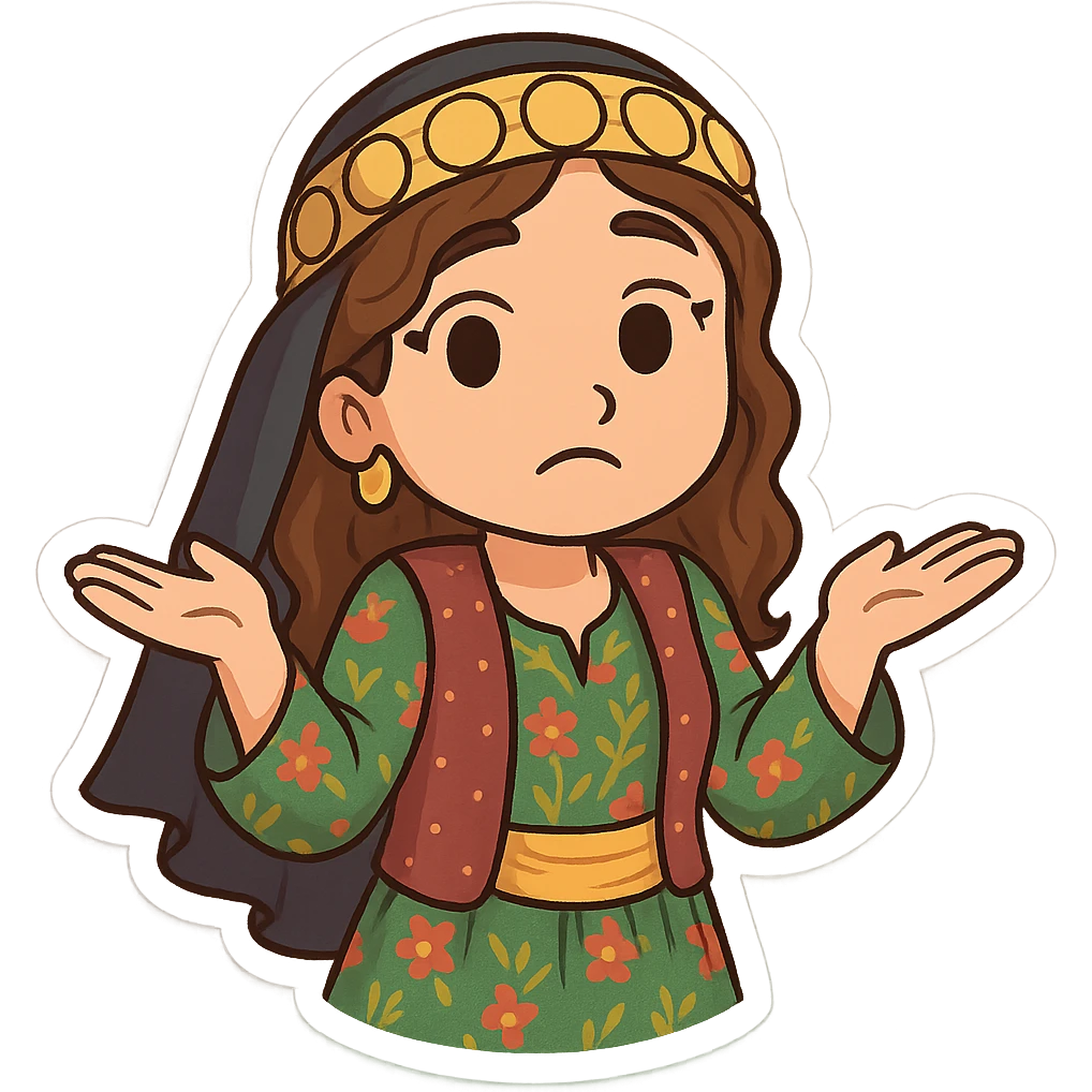 Create a colorful and cheerful cartoon sticker of a Kurdish woman wearing traditional Kurdish female clothing. The face should have an indifferent or 'I don't know' expression similar to the 🤷‍♀️ emoji. Both hands are open and shoulders raised. The image should have no shadows or color halos around it, no text, and a completely transparent background. Suitable for WhatsApp and Instagram. emoji
